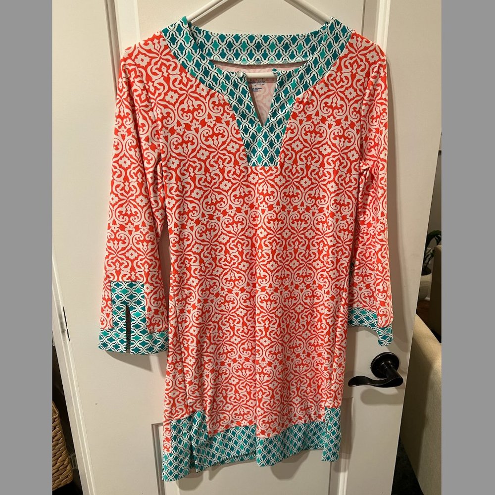 Cabana Life Coral Tides Cabana Tunic Dress 3/4 Sleeves Size M - Teal and Coral